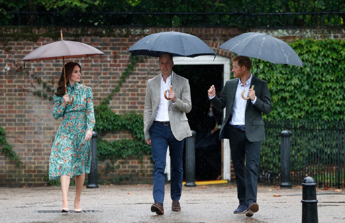 Ducele și Ducesa de Cambridge, alături de Prințul Harry în timpul unei vizite pe care au făcut-o în una dintre grădinile Palatului Kensington