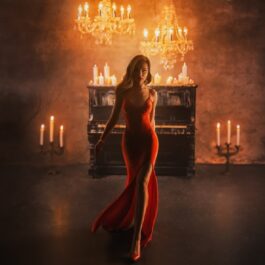 Îmbrăcată într-o rochie roșie, elegantă și sexy, o tânără se află într-o cameră în care sunt mai multe candelabre și un pian