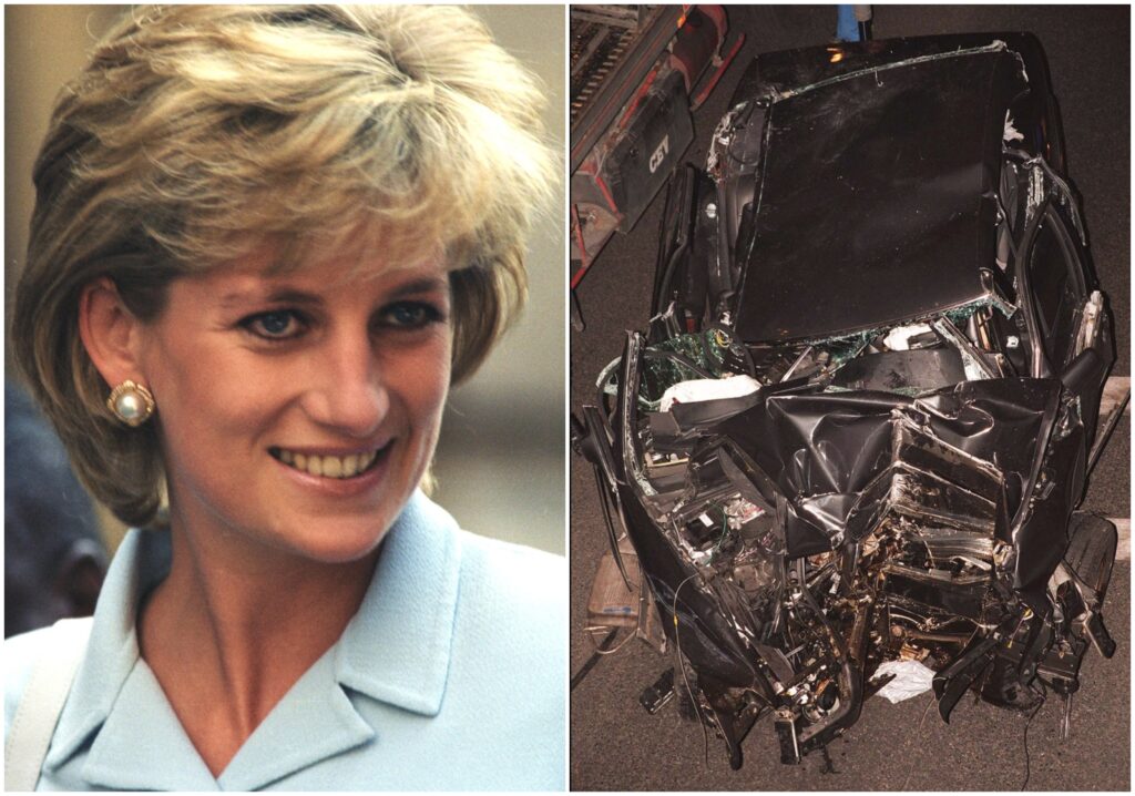Imagine cu Prințesa Diana și una cu mașina care i-a adus moartea în Paris