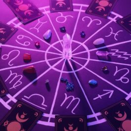 Harta astrală cu nativii din zodiac, cristale și cărți de tarot, toate aranjate pe o tablă violet