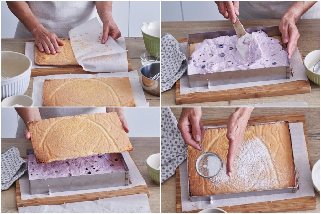 Colaj de poze cu pașii de preparare ai prăjiturii cu afine