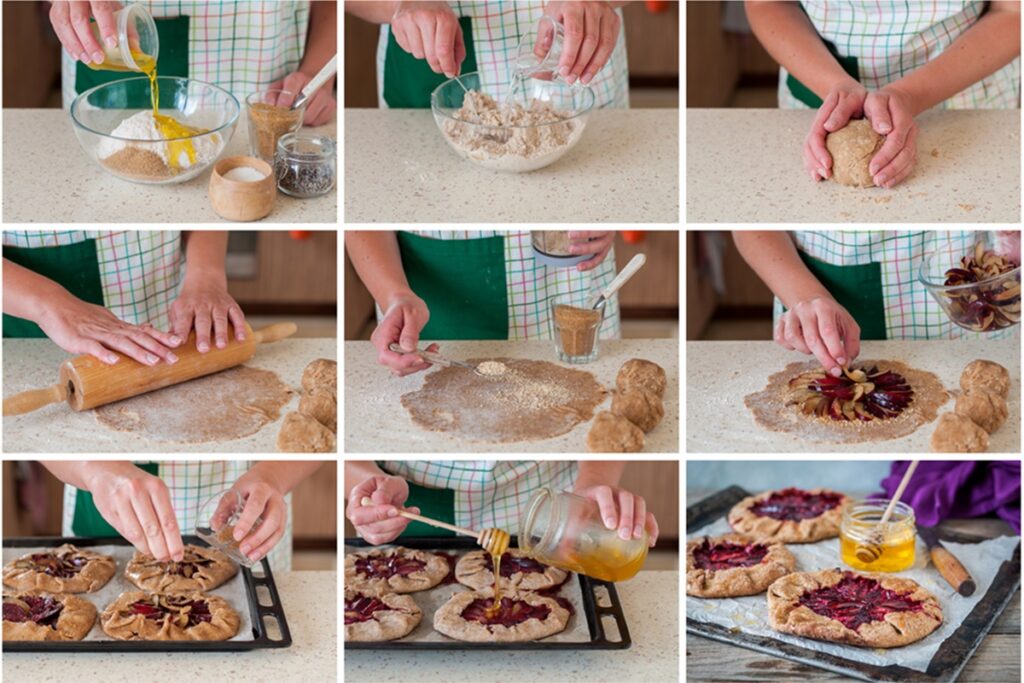 Colaj de poze cu pașii de preparare pentru galette cu prune și migdale