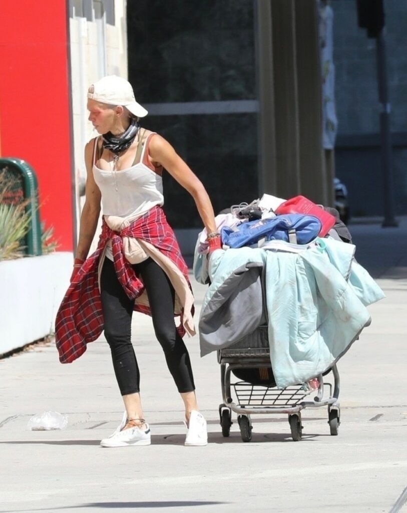Loni Willison, pe stradă, îmbrăcată sărăcăcios, trage un căruț cu haine după ea