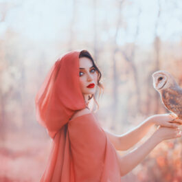 Fată frumoasă îmbrăcată într-o pelerină roșie stă într-o pădure cu o bufniță într-o mână
