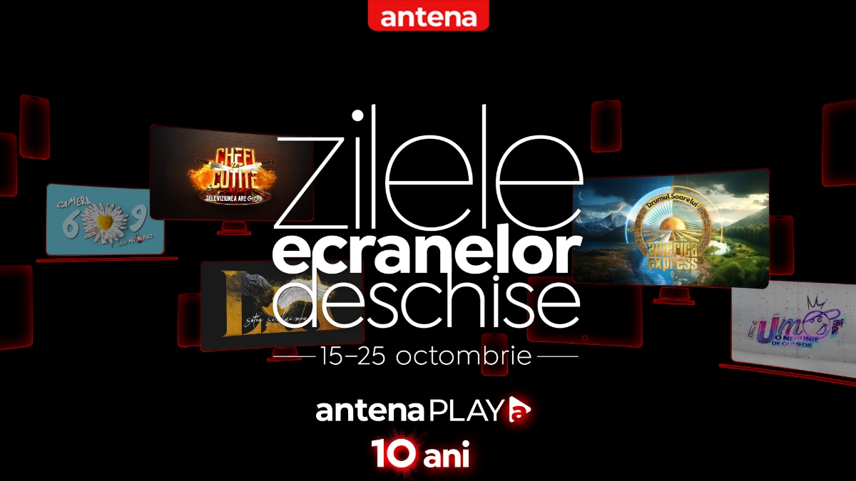 Imagine cu logo AntenaPLAY, cu logo de emisiuni Antena 1, pe un fundal negru
