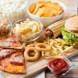 Un blat pe lemn pe care se află mai multe produse de tip fast food pentru a ilustra câteva alimente și băuturi care afectează sănătatea oaselor