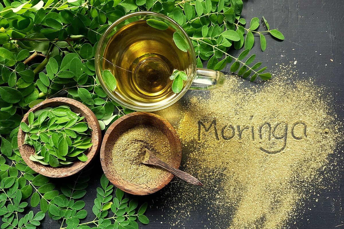 Frunze, ceai și pudră de moringa pe un blat gri pentru a ilustra beneficiile consumului de moringa