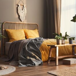 Un dormitor în care se află un pat ce este înconjurat cu ghivece cu cele mai bune plante pentru dormitor