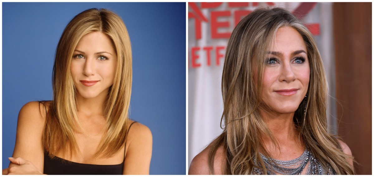 Jennifer Aniston într-un colj cu două fotografii, una din 2003 și una din 2023, fiind una dintre principalele celebrități care nu au îmbătrânit deloc în ultimii 20 de ani