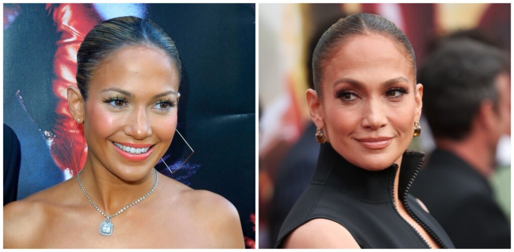 Un colaj cu două fotografii ale artistei Jennifer Lopez, fiind una dintre vedetele care nu au îmbătrânit în ultimii 20 de ani