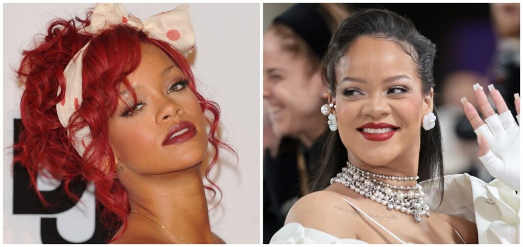 Un colaj cu Rihanna în care apare într-o poză din 2003 și una din 2023 pentru a ilustra că nu a îmbătrânit în ultimii 20 de ani