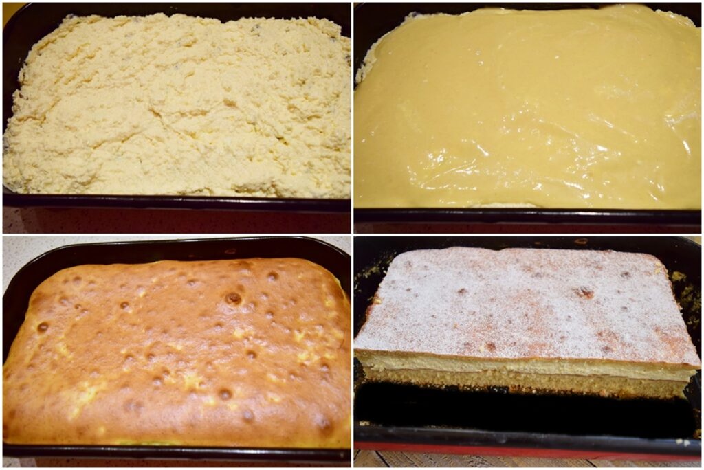Colaj de poze cu pașii de preparare a prăjiturii turnate cu brânză