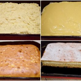 Colaj de poze cu pașii de preparare a prăjiturii turnate cu brânză