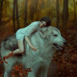 Fată frumoasă stă într-o pădure pe un lup cu ochii deschiși