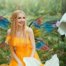 O femeie frumoasă care poartă o rochie galbenă și are aripi de zână, stând printre flori albe, pentru a ilustra una dintre cele patru zodii care se bucură de lucrurile simple