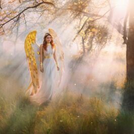 O femeie în pădure, îmbrăcată în alb, cu aripi de înger în spate