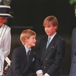 Prințesa Diana într-un costum alb alături de Prințul Harry, Prințul William și Regele Charles la un eveniment public