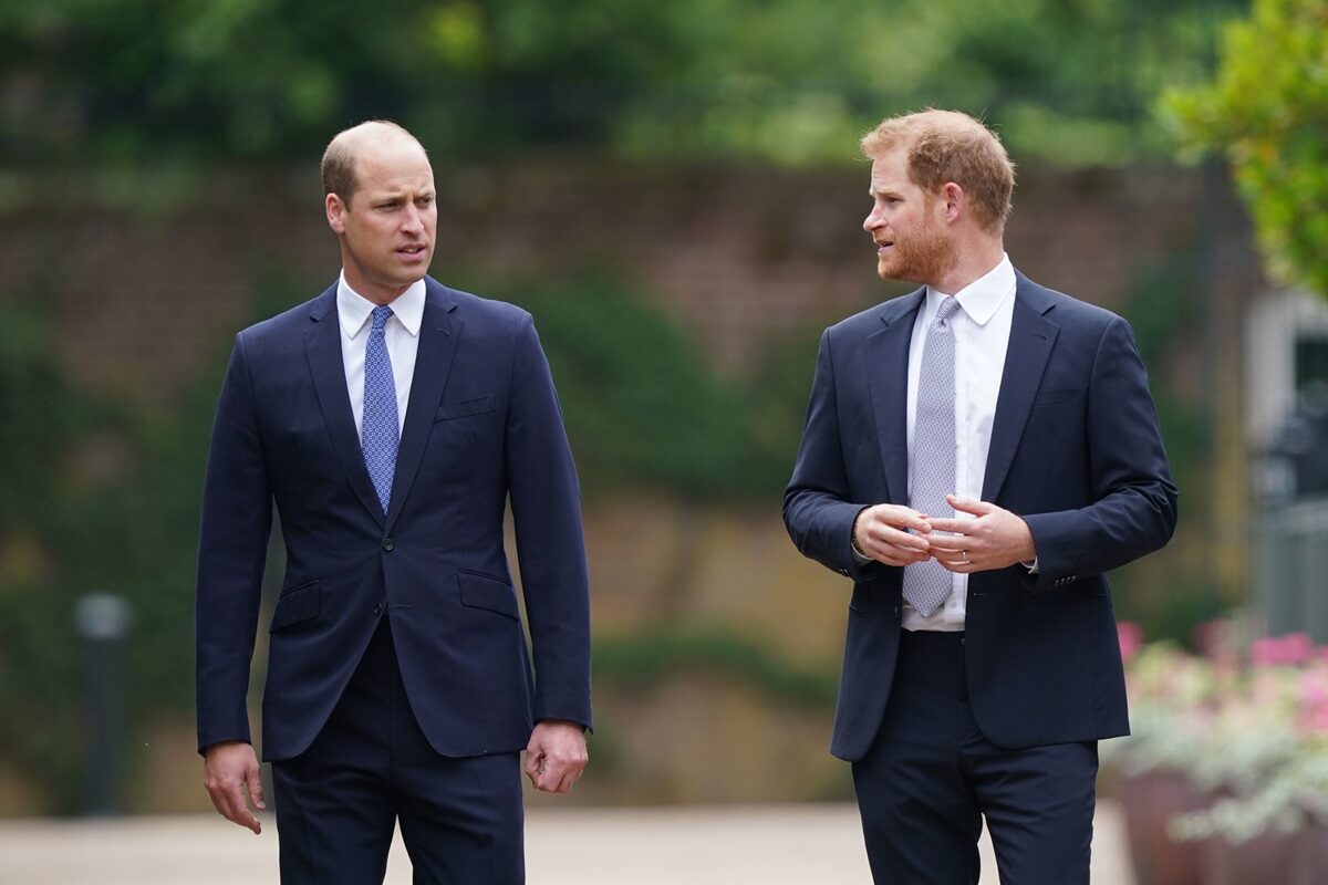 Prințul William și Prințul Harry în timp ce discută după ce s-au văzut la dezvelirea statuii Prințesei Diana