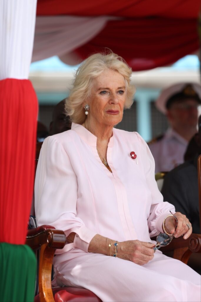 Regina Camilla într-o rochie albă în timp ce stă pe un scaun în cadrul turneului regal din Africa