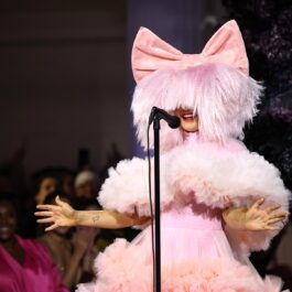 Sia cu o perucă roz și o fundă în timpul unui concert de la New York
