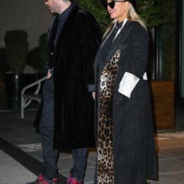 Sia într-o rochie cu imprimeu de leopard și o pereche de pantofi aurii