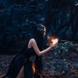 O femeie frumoasă care poartă o rochie neagră și privește o plantă luminată, ea simbolizând una dintre cele trei zodii care pierd bani în luna noimebrie 2023