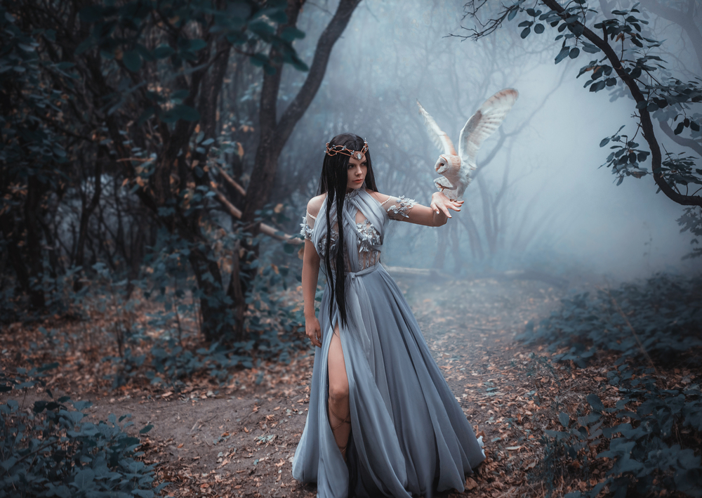 O femeie într-o rochie gri, cu o pasăre pe mână, într-o pădure încețoșată
