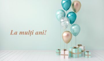 O felicitare cu baloane, cadouri și mesaj text