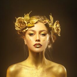O femeie frumoasă care este acoperită cu auriu pentru a reprezenta zodia care va suferi cel mai mult anul acesta