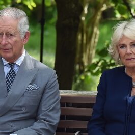 Regele Charles și Regina Camilla pe o bancă într-un parc