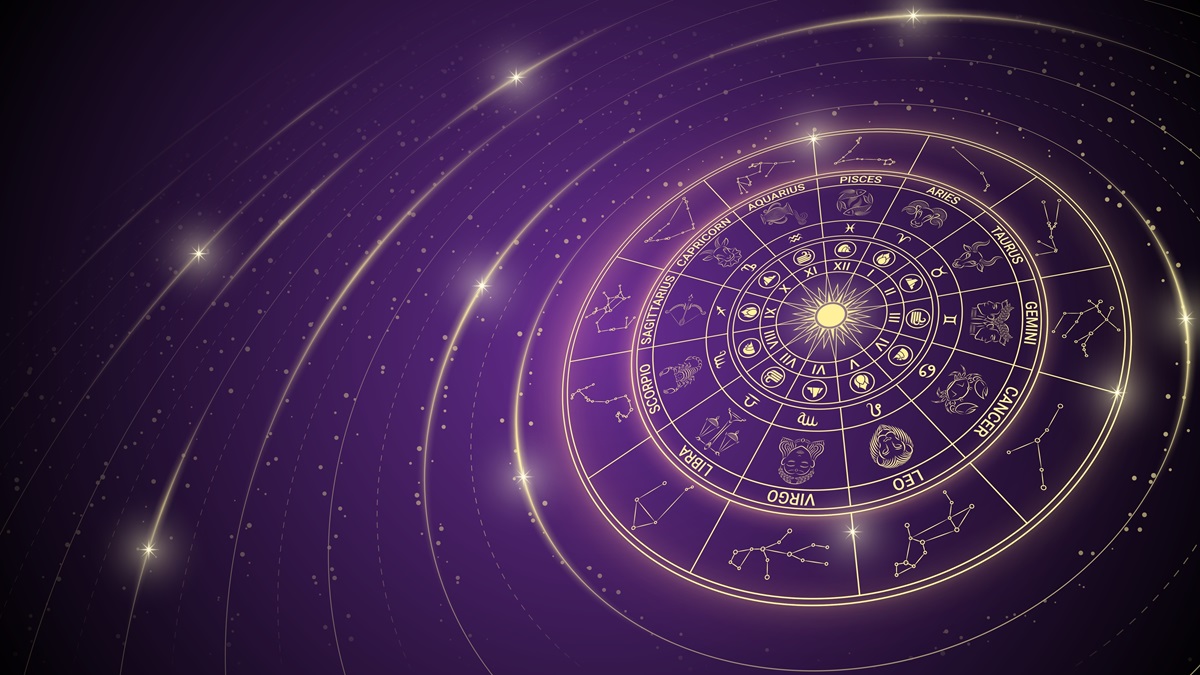 O roată cu zodii pe un fundal violet pentru a ilustra ziua norocoasă din 2024, în funcție de zodie