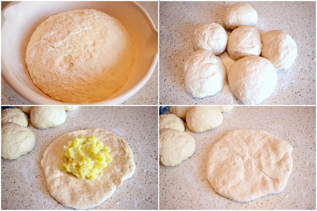 Colaj de poze cu pașii de preparare pentru Plăcinte cu cartofi preparate la tigaie