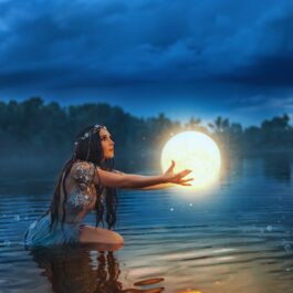 O femeie care poartă o rochie albastră și stă într-un lac în timp ce ține în mână o lună plină pentru a ilsutra fazele lunii în aprilie 2024