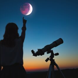 O femeie frumoasă care privește eclipsele solare cu ajutorul unui telescop