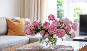 O vază plină cu bujori roz pentru a ilustra cum poți să-i păstrezi proaspeți mai mult timp