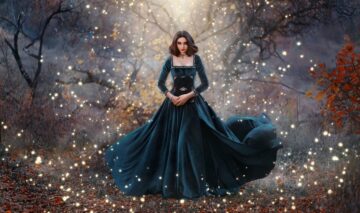 O femeie frumoasă care poartă o rochie neagră în pădure și reprezintă una dintre cele trei zodii ghinioniste în ziua de 14 mai 2024